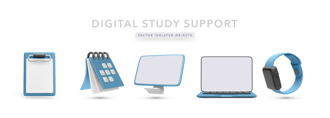 Digital Study Tools Featuring Calendar, Monitor, Laptop, Smartwatch, and Clipboard in Clean 3D Style. Ideal for E-Learning, Productivity, and Online Education Projects. Vector Illustration.
