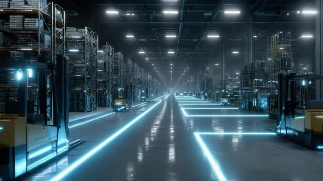 Modern warehouse with futuristic  dropship technology