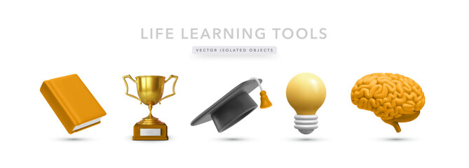 Education 3D Icons Set Featuring Book, Trophy, Cap, Lightbulb, And Brain. Ideal For Knowledge, Growth, Intelligence, And Academic Success Themes. Colorful Vector Illustration.