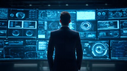 executive back view dashboard, enterprise data war room, tactical control room interface, B2B fintech dashboard, argon plasma illumination