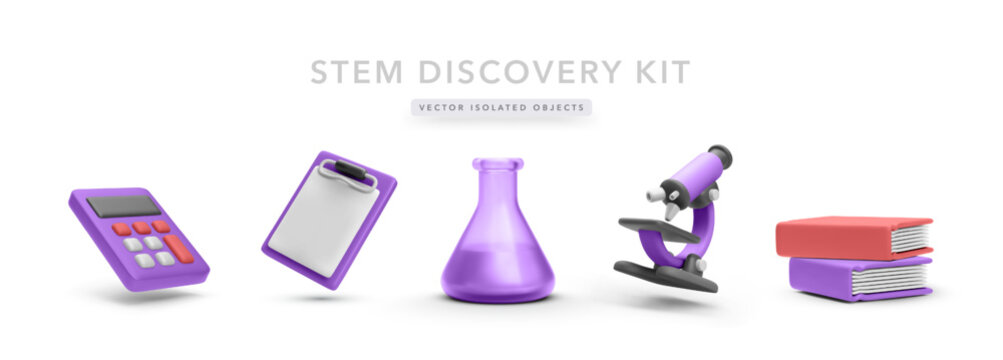 STEM Education Kit With Calculator, Clipboard, Flask, Microscope, And Books. Perfect For Science Projects, Research, And Learning Resources. Clean Style Vector Illustration.