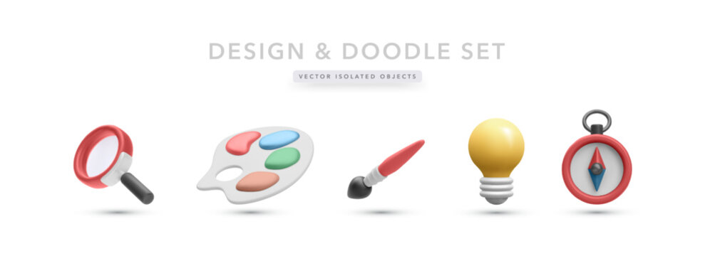 Creative Tools Icons Including Magnifying Glass, Color Palette, Brush, Lightbulb, And Compass In 3D Cartoon Style. Ideal For Design, Exploration, And Innovation Concepts. Vector Illustration.