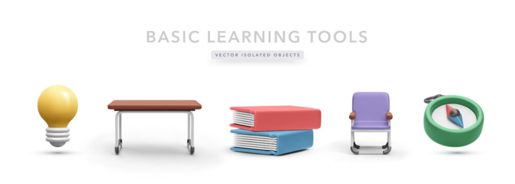 Learning Icons Set Featuring Desk, Chair, Books, Lightbulb, And Compass In Clean 3D Cartoon Style. Great For School, Education, And Classroom Themes. Vector Illustration.