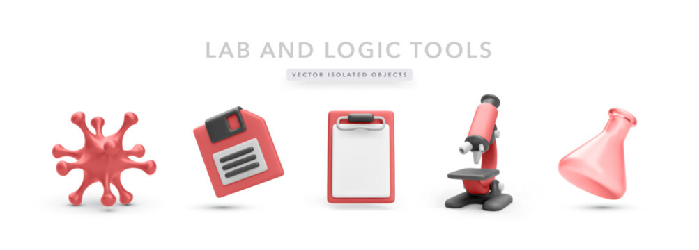 Science And Lab Icons Including Microscope, Virus Cell, Flask, Save Symbol, And Clipboard In Colorful 3D Cartoon Style. Ideal For Medical Or Research Topics. Vector Illustration.
