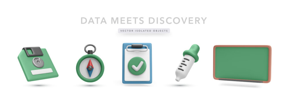 Education And Science Icons Including Chalkboard, Compass, Syringe Dropper, Save Icon, And Checklist In Colorful 3D Style. Perfect For School And Research Topics. Vector Illustration.