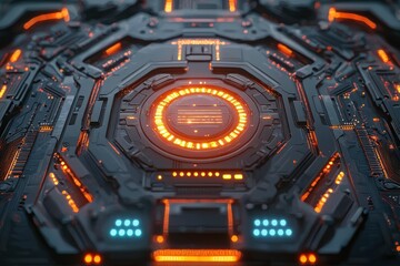 Close-up of a futuristic, intricate circuit board with glowing orange and blue elements