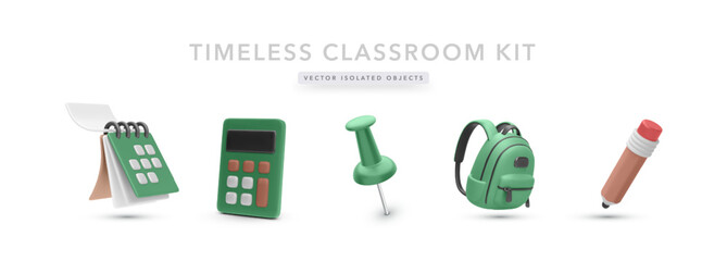 School and Study Essentials Icons Featuring Calendar, Calculator, Pin, Backpack, and Pencil in Fun 3D Style. Great for Educational Projects, Planning, and Kids Learning. Vector Illustration.