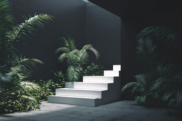 White steps, dark room, tropical plants