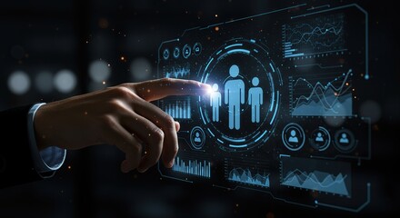 Hand interacting with futuristic digital interface displaying people icons and data analytics