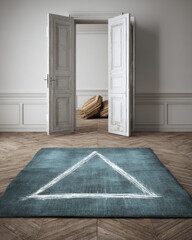 Pale room, open doorway, triangle rug