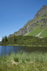 blue mountain lake Wiegensee with fantastic view in Partennen Gaschurn Montafon in Vorarlberg...
