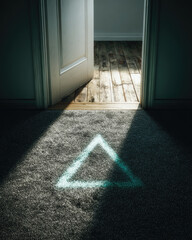 Open doorway, teal triangle on carpet
