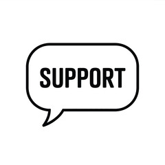 Black and white speech bubble with the word support inside