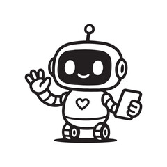 Friendly futuristic robot mascot character in simple black line art style