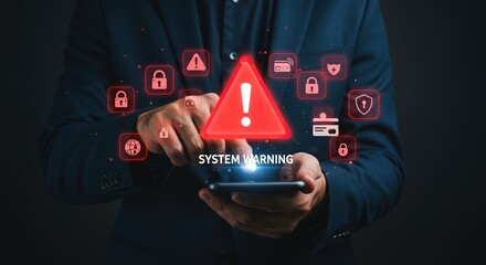 Man holding smartphone displaying system warning with security icons and data breach alerts