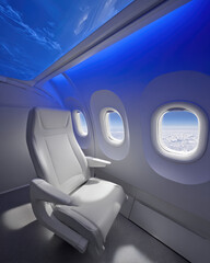 Modern airplane interior, single seat, panoramic view