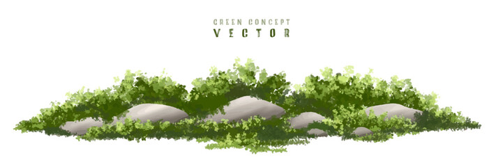  Vector watercolor green  tree or forest side view isolated on white background for landscape and architecture drawing,elements for environment or and garden,Shrub with rock for section,stone,garden