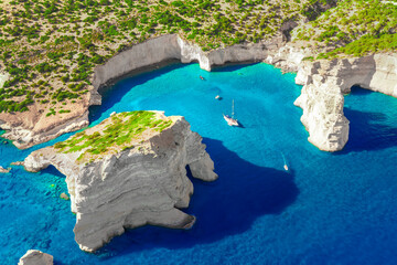 Kleftiko Bay, a scenic attraction with white volcanic rocks and caves. One of the most visited places on the island. Milos Island, Greece
