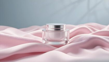 Elegant Skincare Cream Jar on Soft Pink Satin Fabric Background