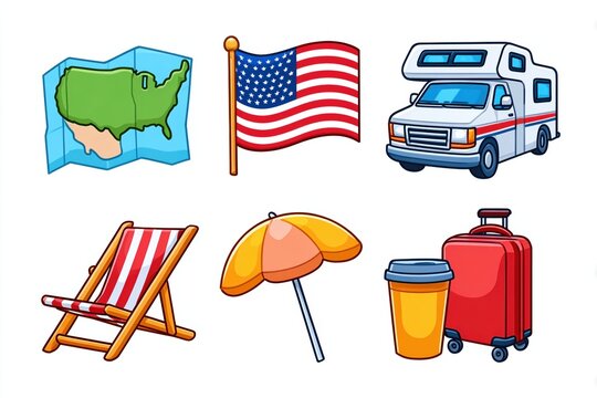 Patriotic Independence Day Travel Icon Set with Road Trip Map, Camper Van, Beach Chair, Suitcase, Travel Mug on White Background