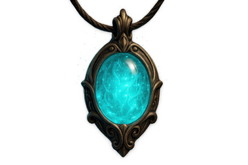 Glowing magical amulet casting vivid blue light, mystical jewelry pendant floating against transparent backdrop