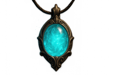 Glowing magical amulet casting vivid blue light, mystical jewelry pendant floating against transparent backdrop