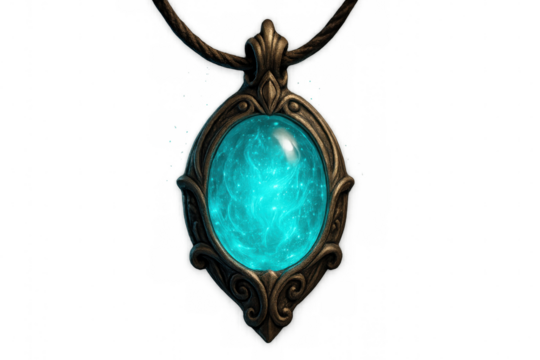 Glowing magical amulet casting vivid blue light, mystical jewelry pendant floating against transparent backdrop