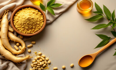 Ginseng roots powder capsules overhead product photography