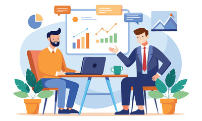 Fototapeta premium Two businessmen collaborating and discussing charts and graphs during a meeting presenting business growth and data analysis with a laptop and coffee