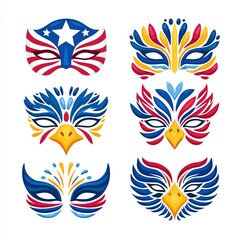 Naklejka premium Patriotic Face Painting Designs - Stars, Flag, Eagle Wings, Fireworks, Red White Blue Stripe, Vector Icons on White Background