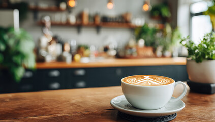 Latte art on a wooden table in a cafe
