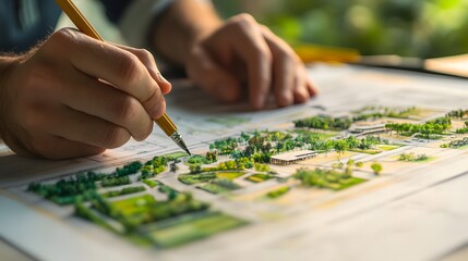 Fototapeta premium Landscape architect meticulously draws a detailed architectural plan on a large sheet of paper outdoors.