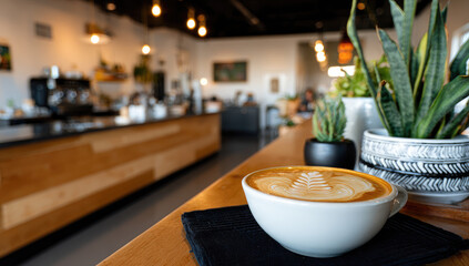 Latte art on a wooden counter in a bright cafe