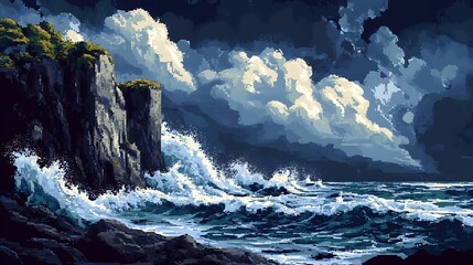 Coastal Vista: A dramatic coastal scene, capturing the untamed power of the ocean as waves crash against rugged cliffs under a moody sky.