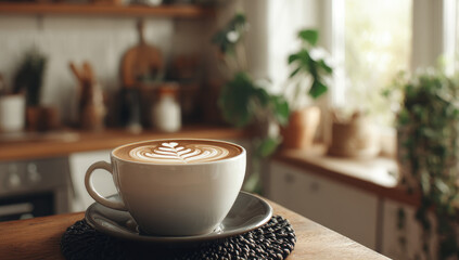 Latte art in a bright kitchen