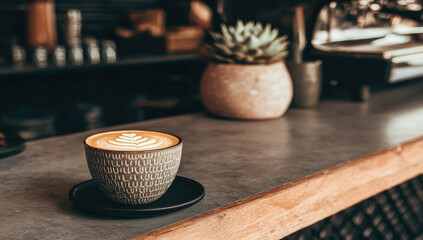 Latte art on a grey ceramic cup on a counter
