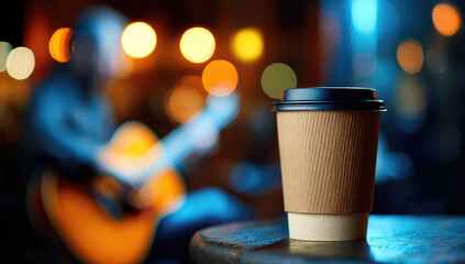 Coffee cup, acoustic guitar, night scene