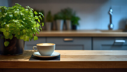 A cup of cappuccino on a wooden counter, with fresh herbs in the foreground