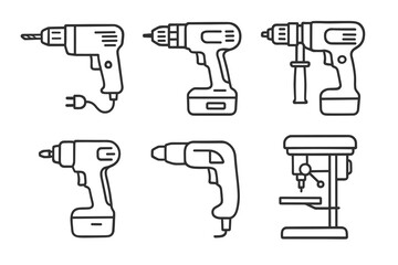Electric cordless drills and drill press icons line art collection