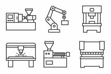 Industrial machinery icons: injection molding, robotic arm, cnc machine