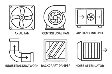 Illustration of hvac components: axial fan, centrifugal fan, air handling unit, ductwork, damper, attenuator