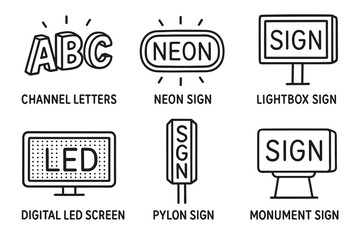 Different types of signage: channel letters, neon, lightbox, led, pylon, monument