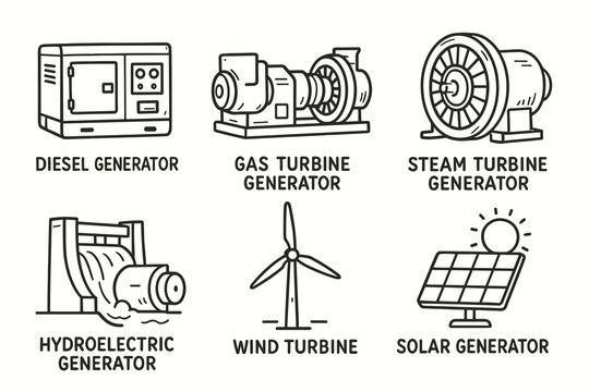 Types of power generators illustration: diesel, gas, steam, hydroelectric, wind, solar