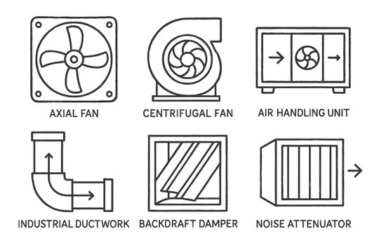 Illustration of hvac components: axial fan, centrifugal fan, air handling unit, ductwork, damper, attenuator