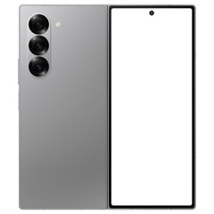Photo of foldable smartphone similar to android device without background. Silver shadow color....