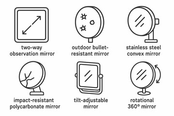 Various types of safety mirrors: two-way, bullet-resistant, stainless steel, impact-resistant, tilt-adjustable, rotational