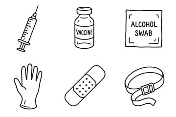 Medical tools icons: syringe, vaccine, alcohol swab, glove, bandage, tourniquet