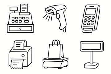 Outline icons of cash register, barcode scanner, card reader, receipt printer, shopping bag, price display