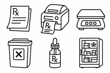 Outline icons: prescription, printer, scale, disposal bin, medicine dropper, medical fridge