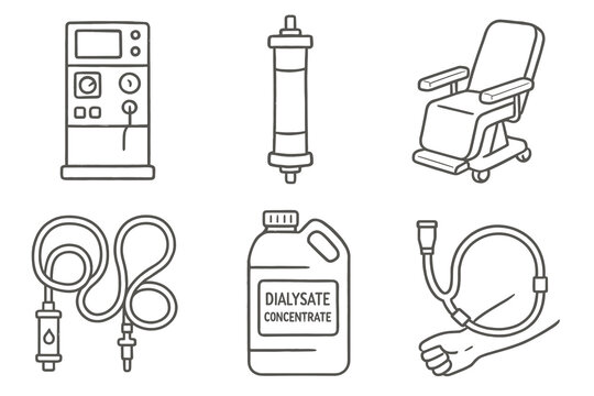 Dialysis equipment set: machine, filter, chair, tubing, dialysate, access